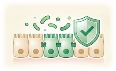 Intestinal barrier protection illustration showing beneficial bacteria and gut immune support